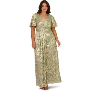 image:imageAdrianna Papell Foil Leaf Draped Gown NavyGoldSageGold