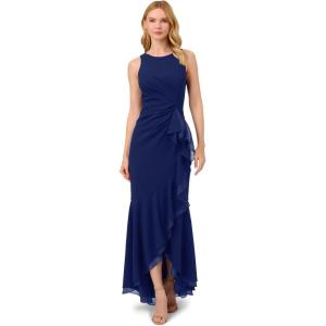 image:imageAdrianna Papell Ruffle Crepe Halter Gown Radiant FuchsiaNavy Sateen