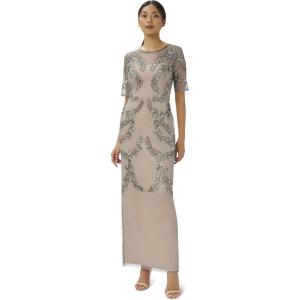 image:imageAdrianna Papell Womens Beaded Elbow Sleeve Gown Plus SizeSterlingNude