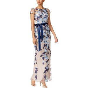 image:imageAdrianna Papell Womens Cascading Floral Column Gown  Floor Length Elegant Evening Gown with Satin Ribbon Tie amp Cap Sleeves Midnight MultiNude 16