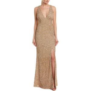 image:imageAidan by Aidan Mattox Womens Sleeveless Beaded V Neck Gown Light Gold 0