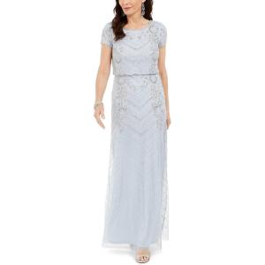 image:imageAdrianna Papell Womens VNeck Allover Beaded Mesh Overlay GownGlacier