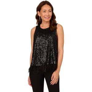 image:imageAdrianna Papell Womens Sleeveless Sequin Top W Feather Trim HemBlack