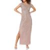 image:imageAidan by Aidan Mattox Womens Short Sleeve Beaded Illusion Yoke Column GownTaupe