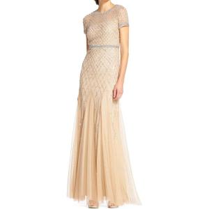 image:imageAdrianna Papell Womens ShortSleeve Grid Beaded GownChampagne