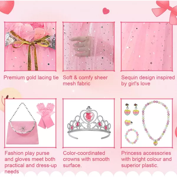 Meland Princess Dress up Clothes for Little Girl 11Pcs Princess Cape with Crown Princess Dresses for Girl 38 Birthday GiftPink