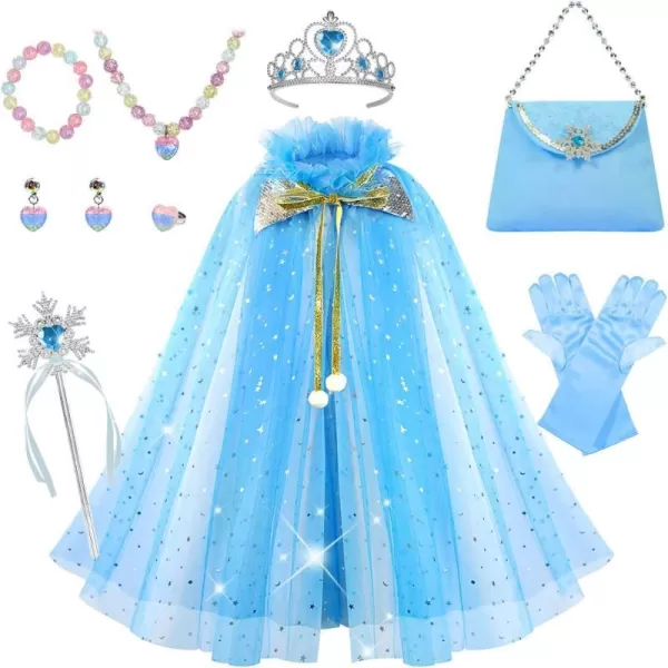 Meland Princess Dress up Clothes for Little Girl 11Pcs Princess Cape with Crown Princess Dresses for Girl 38 Birthday GiftBlue