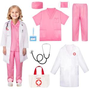 imageMeland Doctor Costume for Girls  Kids Scrubs with Lab Coat ampamp Carry Bag Doctor Dress Up for Halloween Career Day Role PlayPink