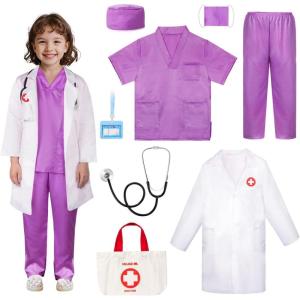 imageMeland Doctor Costume for Girls  Kids Scrubs with Lab Coat ampamp Carry Bag Doctor Dress Up for Halloween Career Day Role PlayPurple