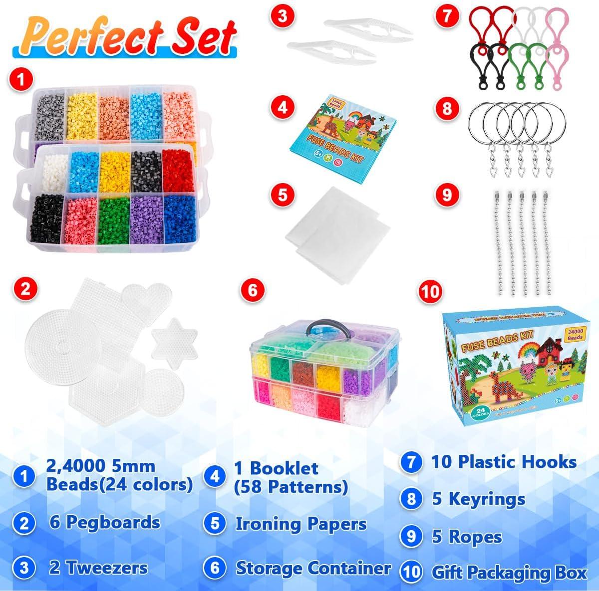 imageMeland Fuse Beads  24000pcs Fuse Beads Kit for Kids 24 Color 5MM Iron Beads Set with 4 Fluorescence Color 6 Pegboards  Craft Kits Gifts for Birthday Christmas24000PCS