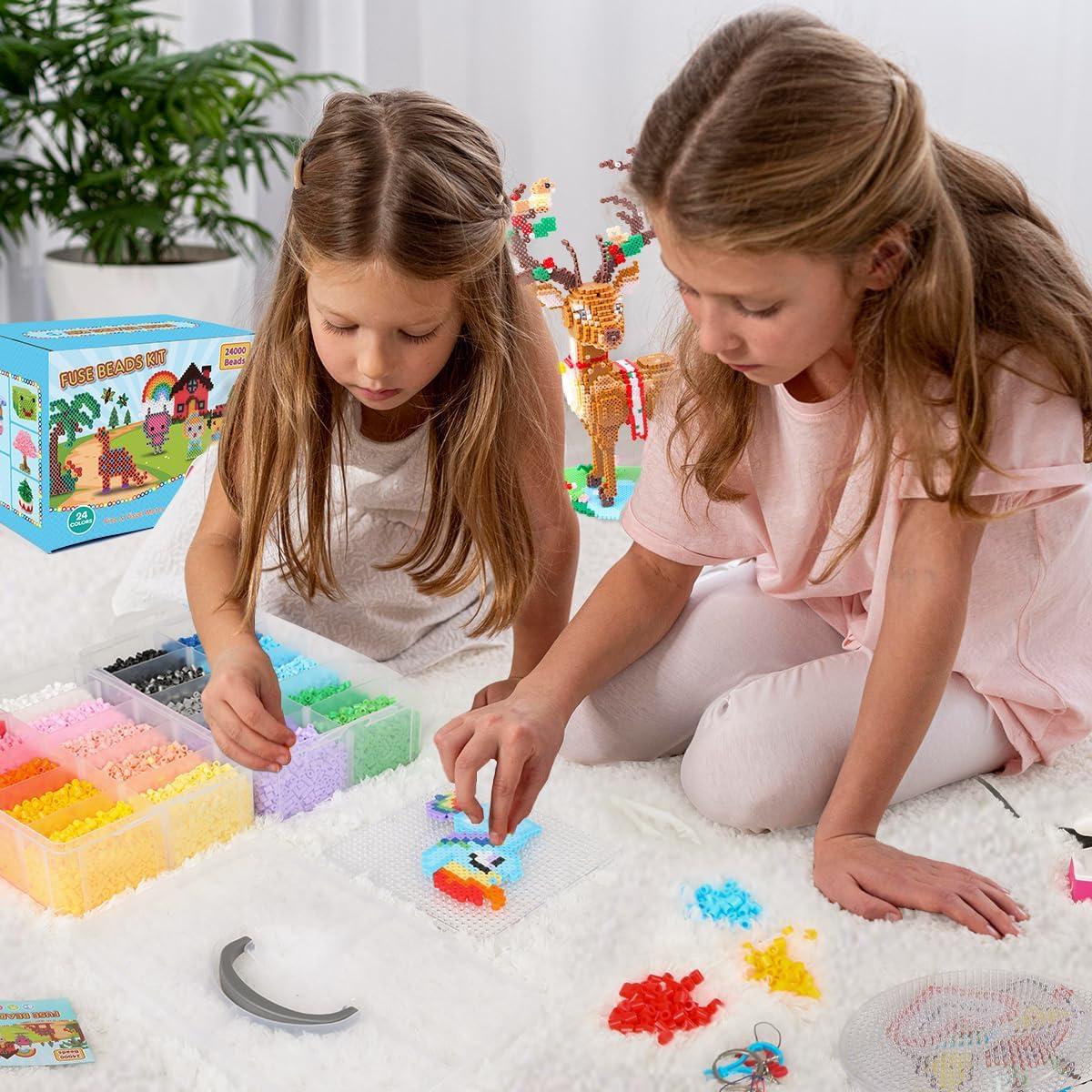 imageMeland Fuse Beads  24000pcs Fuse Beads Kit for Kids 24 Color 5MM Iron Beads Set with 4 Fluorescence Color 6 Pegboards  Craft Kits Gifts for Birthday Christmas24000PCS with Iron