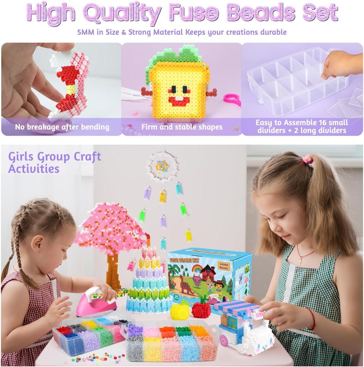 imageMeland Fuse Beads  24000pcs Fuse Beads Kit for Kids 24 Color 5MM Iron Beads Set with 4 Fluorescence Color 6 Pegboards  Craft Kits Gifts for Birthday Christmas24000PCS with Iron