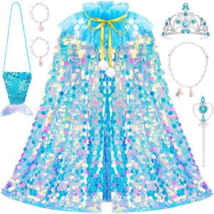 imageMeland Princess Dress Up for Girls 38 11Pcs Mermaid Cape with Crown Dress Up Clothes Birthday Gift Toys for Girls ToddlersBlue