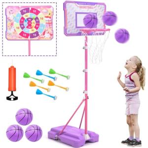 imageMeland Toddler Basketball Hoop Pink 4in1 Kids Basketball Hoop for Indoor Outdoor Play Tball Set with Baseball Pop Up Machine Girls Toys Birthday GiftPink Basketball Hoop with Unicorn Dartboard