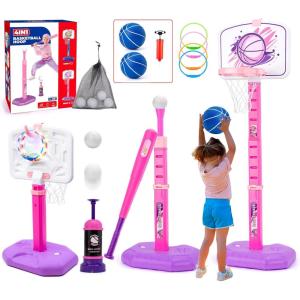 imageMeland Toddler Basketball Hoop Pink 4in1 Kids Basketball Hoop for Indoor Outdoor Play Tball Set with Baseball Pop Up Machine Girls Toys Birthday GiftToddler Pink Basketball Hoop with Tball Set