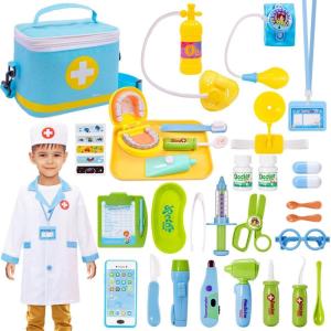 imageMeland Doctor Kit for Toddlers 35 Dentist Play Set with Teeth for Kids Pretend Play Kids Toys Birthday Gift for Toddler Boys Aged 3 4 5 6 Years OldBlue