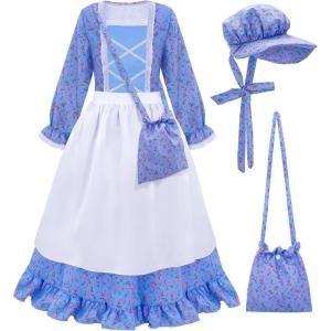 imageMeland Pioneer Dress for Girls  Colonial Floral Costume with Bonnet Apron ampamp Purse Pionner Outfit for Girls 310 YearsBlue