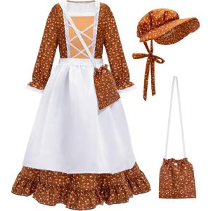 imageMeland Pioneer Dress for Girls  Colonial Floral Costume with Bonnet Apron ampamp Purse Pionner Outfit for Girls 310 YearsBrown