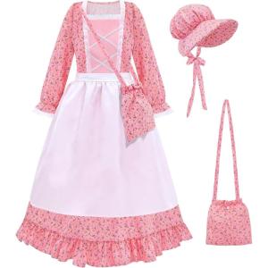 imageMeland Pioneer Dress for Girls  Colonial Floral Costume with Bonnet Apron ampamp Purse Pionner Outfit for Girls 310 YearsPink