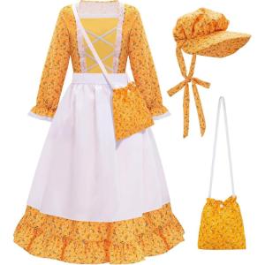 imageMeland Pioneer Dress for Girls  Colonial Floral Costume with Bonnet Apron ampamp Purse Pionner Outfit for Girls 310 YearsYellow