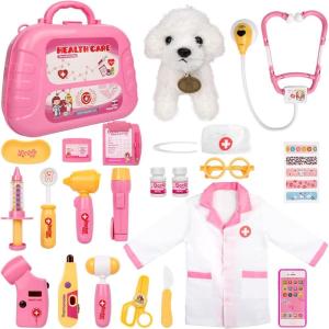 imageMeland Toy Doctor Kit for Girls  Pretend Play Doctor Set with Dog Toy Carrying Bag Stethoscope Toy ampamp Dress Up Costume  Doctor Play Gift for Kids Toddlers Ages 3 4 5 6 Year Old for Role PlayPink case with doll