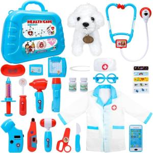 imageMeland Toy Doctor Kit for Girls  Pretend Play Doctor Set with Dog Toy Carrying Bag Stethoscope Toy ampamp Dress Up Costume  Doctor Play Gift for Kids Toddlers Ages 3 4 5 6 Year Old for Role PlayBlue case with dolll