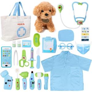 imageMeland Toy Doctor Kit for Girls  Pretend Play Doctor Set with Dog Toy Carrying Bag Stethoscope Toy ampamp Dress Up Costume  Doctor Play Gift for Kids Toddlers Ages 3 4 5 6 Year Old for Role PlayBlue with Doll