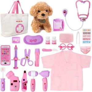 imageMeland Toy Doctor Kit for Girls  Pretend Play Doctor Set with Dog Toy Carrying Bag Stethoscope Toy ampamp Dress Up Costume  Doctor Play Gift for Kids Toddlers Ages 3 4 5 6 Year Old for Role PlayPink with Doll