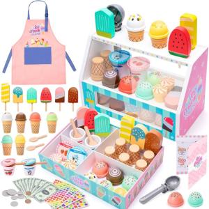 imageMeland Ice Cream Toy  Wooden Ice Cream Play Set with Aprons Kids Toys for Toddlers Pretend Play Toys for Girls Boys 3 4 5 6 7 Years Old Wooden Toys Play Store Playset for Kids Children Gift