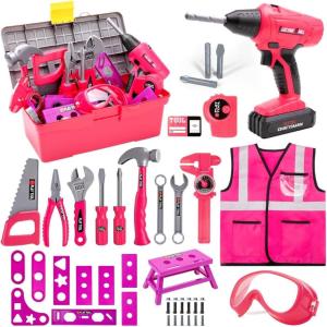 imageMeland Kids Tool Set  50PCS Toddler Tool Set with Electronic Toy Drill for Pretend Play Construction Toy Tools for Kids Age 36 Year OldGift Idea for Boys Girls Christmas BirthdayPink