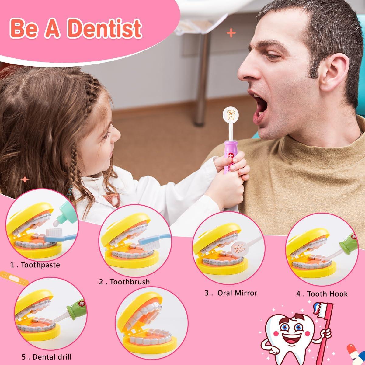 imageMeland Doctor Kit for Toddlers 35 Dentist Play Set with Teeth for Kids Pretend Play Girl Toys Birthday Gift for Toddler Girls Aged 3 4 5 6 Years OldPink