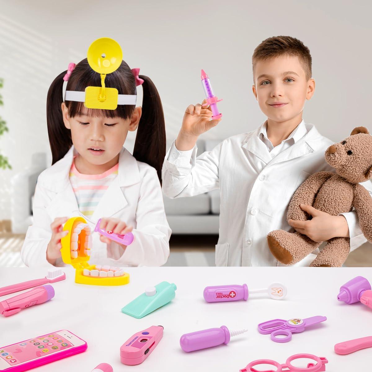 imageMeland Doctor Kit for Toddlers 35 Dentist Play Set with Teeth for Kids Pretend Play Girl Toys Birthday Gift for Toddler Girls Aged 3 4 5 6 Years OldPink