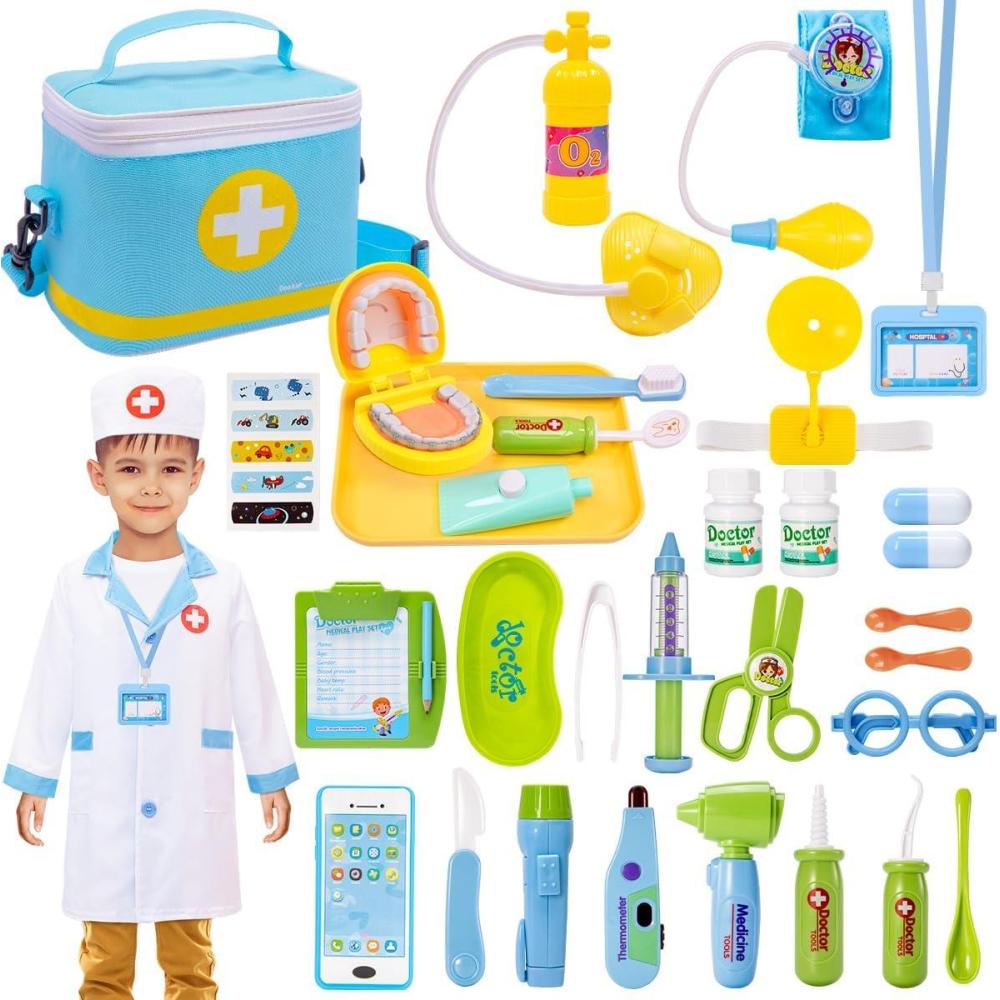 imageMeland Doctor Kit for Toddlers 35 Dentist Play Set with Teeth for Kids Pretend Play Girl Toys Birthday Gift for Toddler Girls Aged 3 4 5 6 Years OldBlue