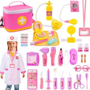imageMeland Doctor Kit for Toddlers 35 Dentist Play Set with Teeth for Kids Pretend Play Girl Toys Birthday Gift for Toddler Girls Aged 3 4 5 6 Years OldPink