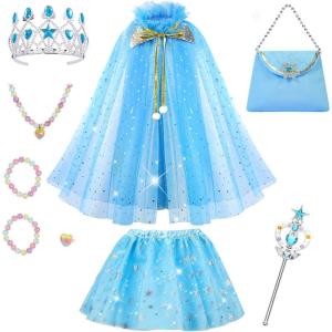 imageMeland Princess Dress up Clothes for Girl 11Pcs Princess Cape with Kid Crown ToysDresses for Girl 345678 Birthday GiftBlue