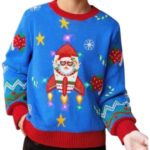 imageMeland Kids Ugly Christmas Sweater  Light Up Funny Holiday Pullover  Cute Xmas Sweater for Boys ampamp Girls Age 516 Year OldBlue Rocket Santa