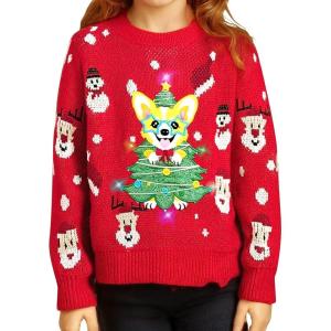imageMeland Kids Ugly Christmas Sweater  Light Up Funny Holiday Pullover  Cute Xmas Sweater for Boys ampamp Girls Age 516 Year OldRed Corgi