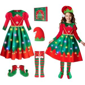 imageMeland Elf Costume for Kids  Light Up Elf Dress for Girls Holiday Outfit Christmas Costume for Toddler Girl 310 Years Old