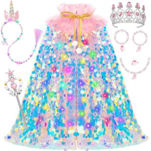 image:imageMeland Princess Dress Up for Girls 38 11Pcs Mermaid Cape with Crown Dress Up Clothes Birthday Gift Toys for Girls ToddlersBright Pink