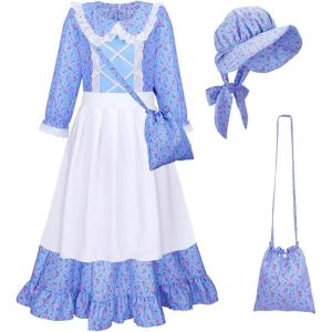 image:imageMeland Pioneer Dress for Girls Colonial Floral Costume with Bonnet Apron amp Purse Dress Up Clothes for Girls Ages 513Blue