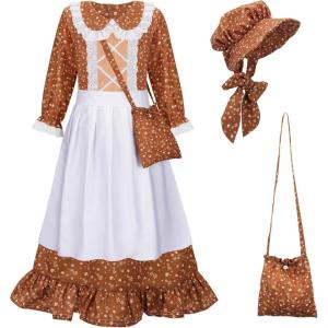 image:imageMeland Pioneer Dress for Girls Colonial Floral Costume with Bonnet Apron amp Purse Dress Up Clothes for Girls Ages 513Brown
