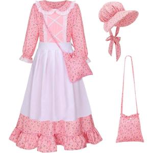 image:imageMeland Pioneer Dress for Girls Colonial Floral Costume with Bonnet Apron amp Purse Dress Up Clothes for Girls Ages 513Pink