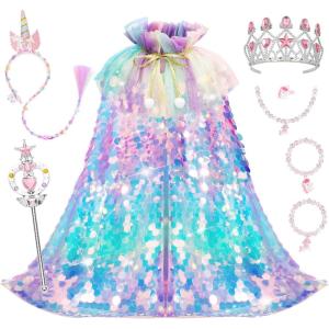image:imageMeland Princess Dress Up for Girls 38 11Pcs Mermaid Cape with Crown Dress Up Clothes Birthday Gift Toys for Girls ToddlersColorful