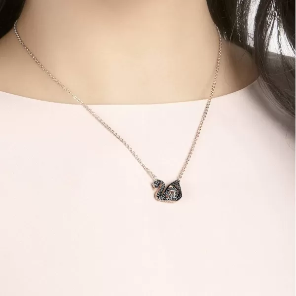 SWAROVSKI Iconic Swan Necklace and Earrings Collection Rose Gold Tone Finish Black CrystalsReversible Swan Necklace