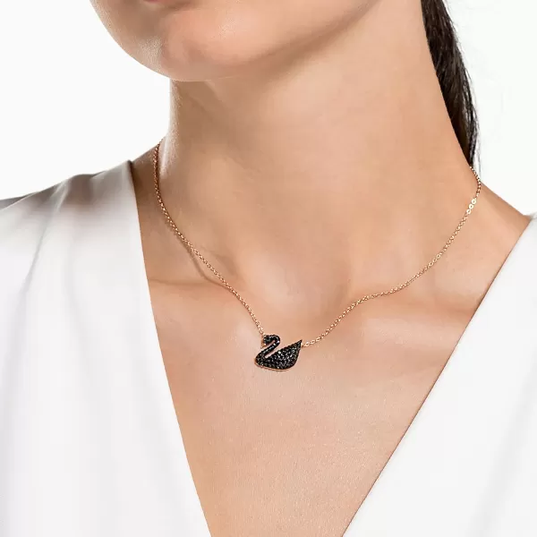 SWAROVSKI Iconic Swan Necklace and Earrings Collection Rose Gold Tone Finish Black CrystalsSingle Swan Necklace