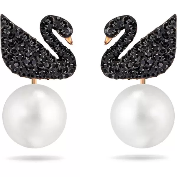 SWAROVSKI Iconic Swan Necklace and Earrings Collection Rose Gold Tone Finish Black CrystalsPierced Earrings