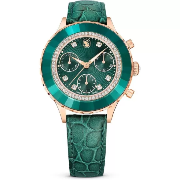 Swarovski Octea Chrono Watch Swiss Made Leather Strap Green Rose GoldTone FinishSwarovski Octea Chrono Watch Swiss Made Leather Strap Green Rose GoldTone Finish