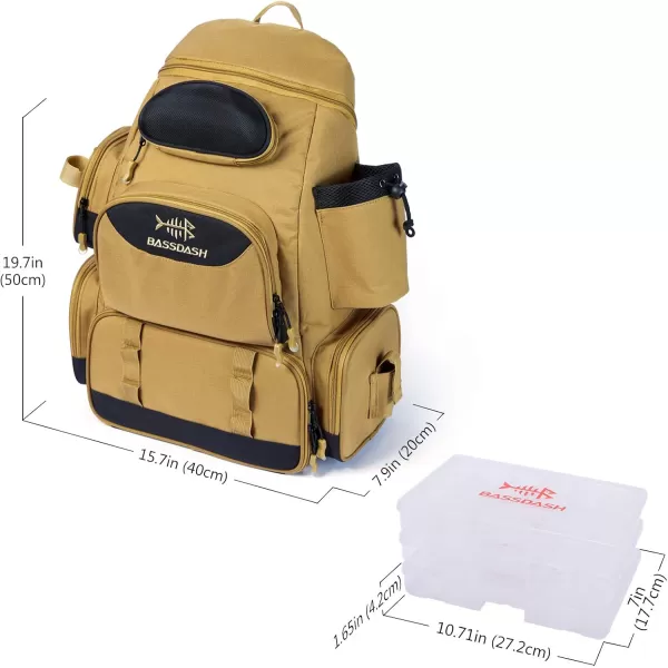 BASSDASH Fishing Tackle Backpack Water Resistant Tactical Bag Soft Tackle Box with Rod Holder and Protective Rain CoverBritish Khaki Backpack 3600 With 3 Trays