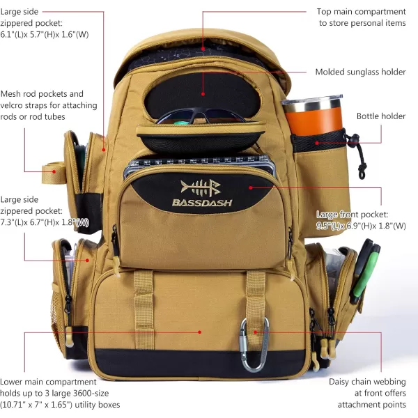 BASSDASH Fishing Tackle Backpack Water Resistant Tactical Bag Soft Tackle Box with Rod Holder and Protective Rain CoverBritish Khaki Backpack 3600 With 3 Trays