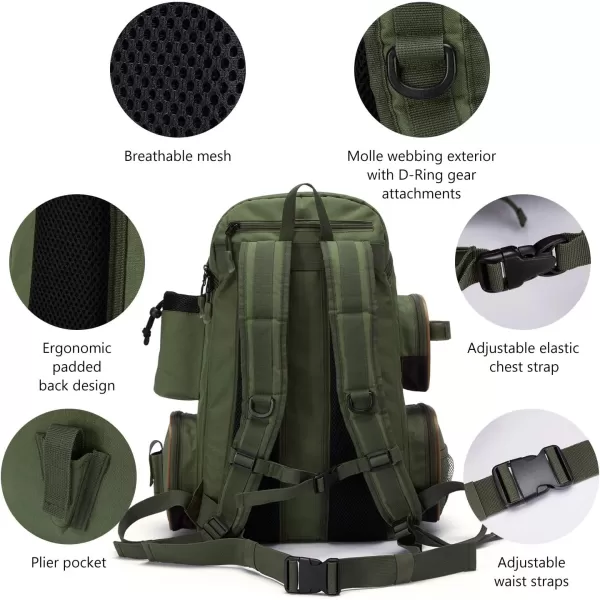 BASSDASH Fishing Tackle Backpack Water Resistant Tactical Bag Soft Tackle Box with Rod Holder and Protective Rain CoverGreen Backpack 3600 With 3 Trays